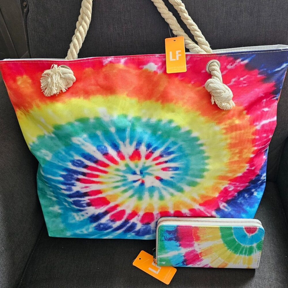 Tie Dye Swirl Pattern Rope Handle Tote Shopping Bag & Wallet Set NWT